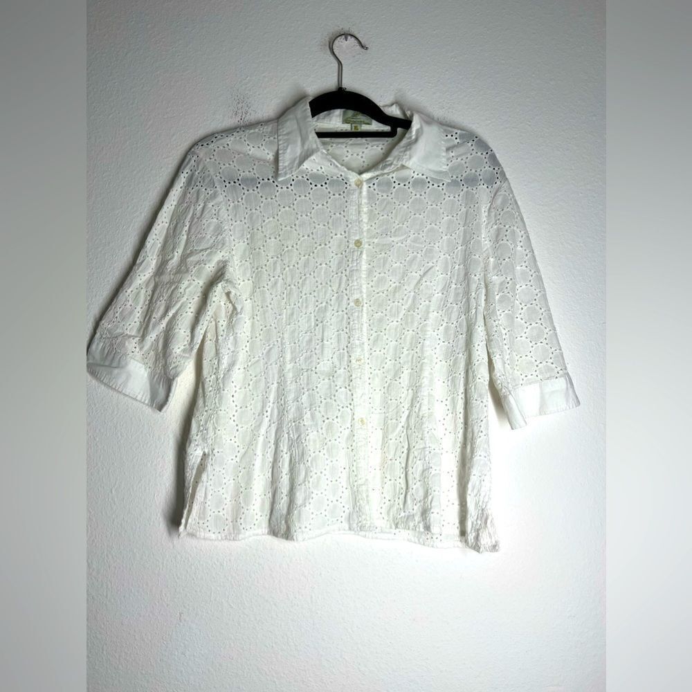 Vintage Azucan Bohemian Cotton 3/4 Sleeve Eyelet Blouse Size XL White Buttoned